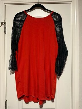 LuLaRoe Red Knit Top with Black Lace Sleeves